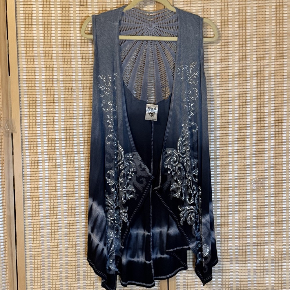 Local Womens‎ L Cardigan Sleeveless Tie Dye Rhinestones Boho Hippie Biker Grunge